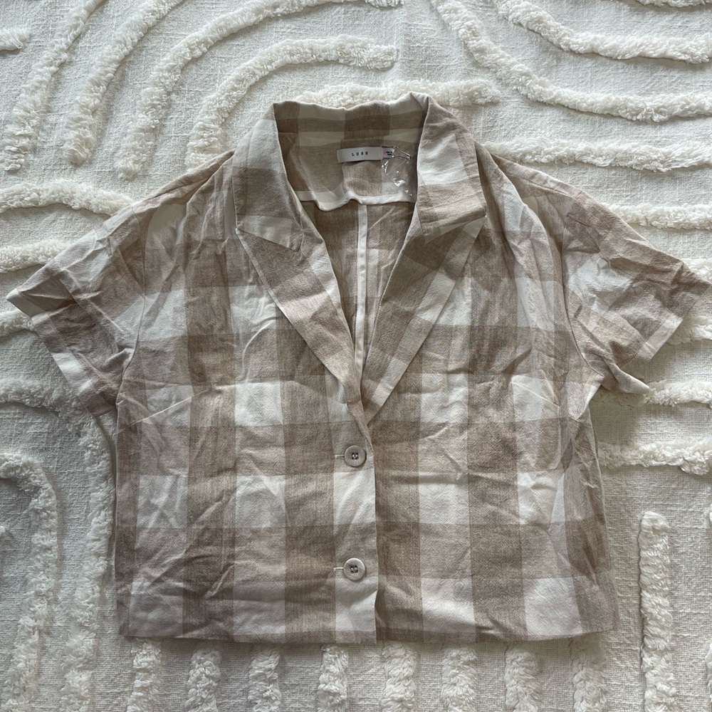 LUSH | Jackets & Coats | Lush Cropped Blazer, latte gingham size Small # 2368